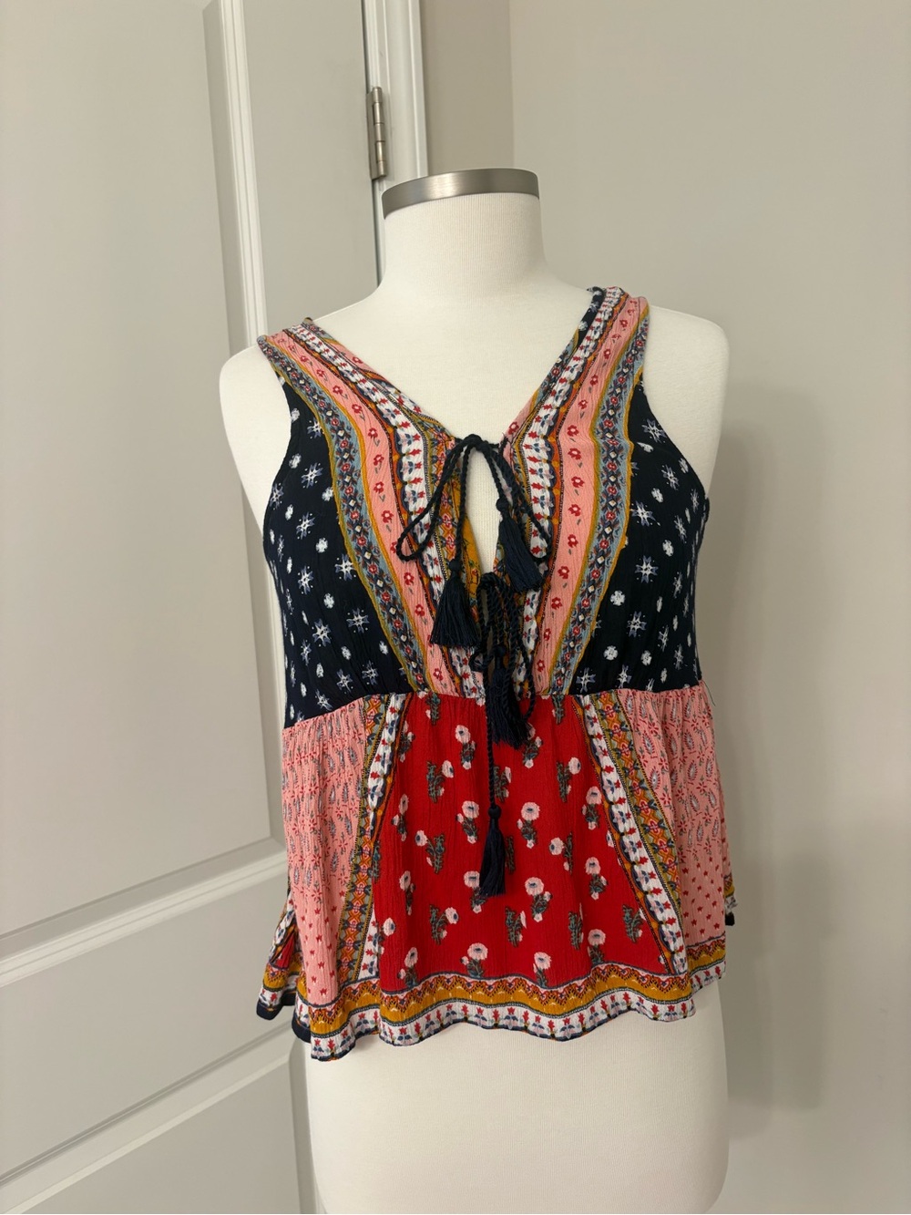 Patrons Of Peace Boho Patchwork Mixed Print Floral Multicolor Tank Top Womens Md